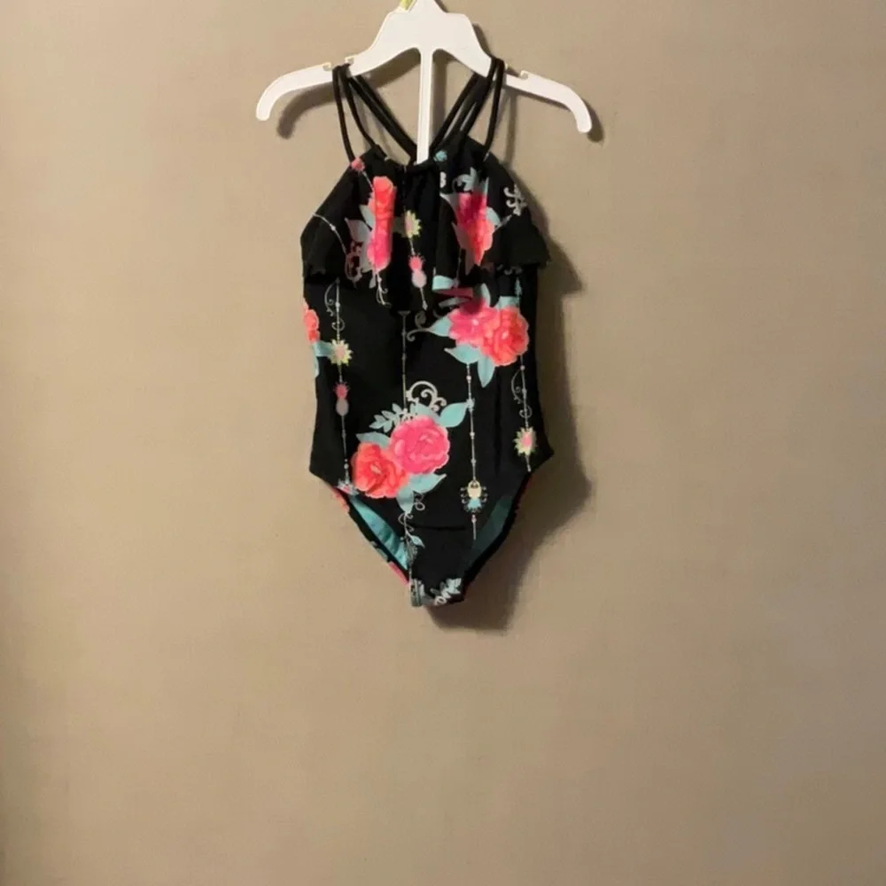 Wonder Nation Black Floral Kids Swim One Piece